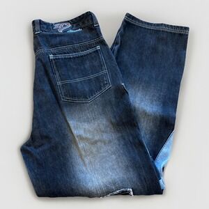 Vintage Raw Blue Jeans Mens 36 x 33 Embroidered Y2K Baggy Hip Hop Denim